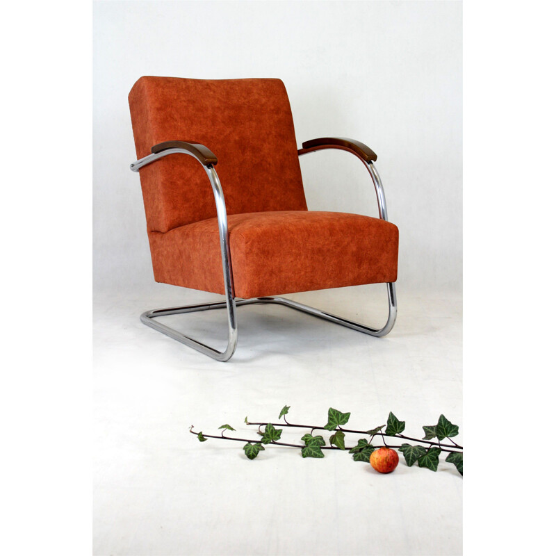 Vintage Bauhaus fauteuil in verchroomde stalen buis van Mücke Melder, Tsjechoslowakije 1930