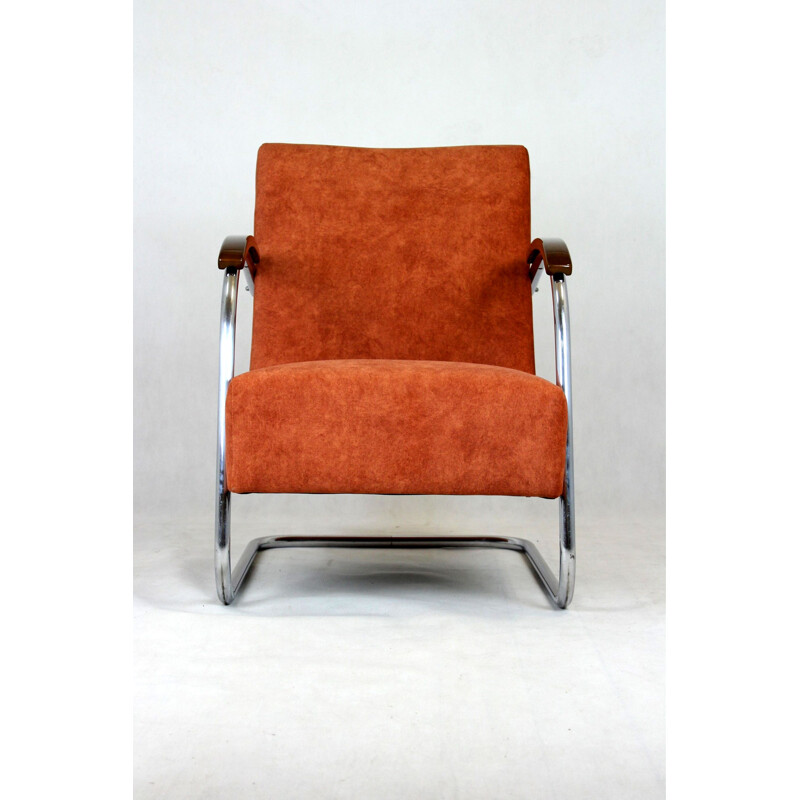 Vintage Bauhaus fauteuil in verchroomde stalen buis van Mücke Melder, Tsjechoslowakije 1930