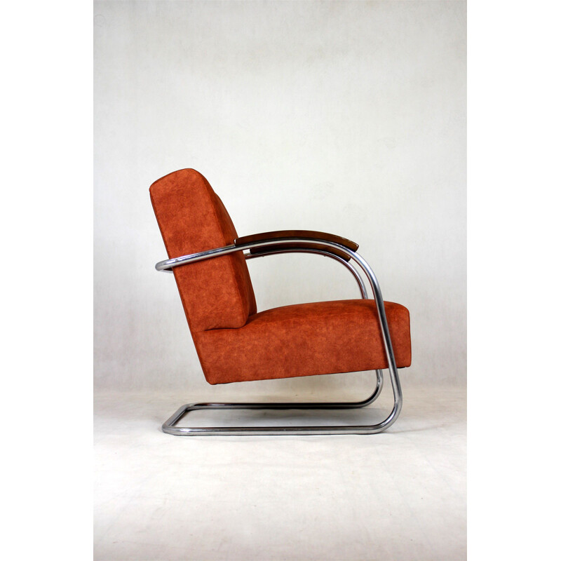 Vintage Bauhaus fauteuil in verchroomde stalen buis van Mücke Melder, Tsjechoslowakije 1930