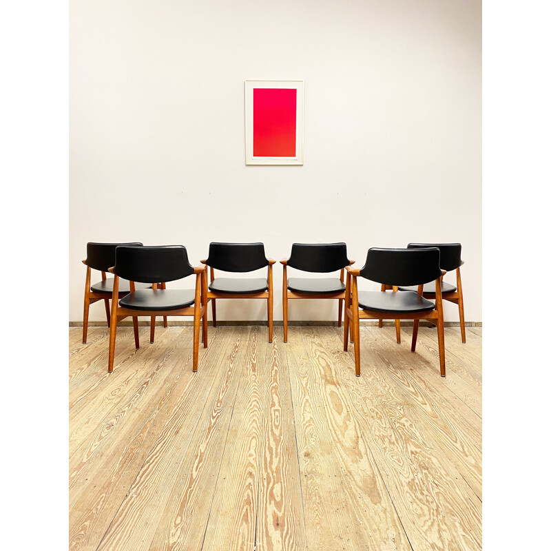 Set of 6 mid century teak and skai leather armchairs by Svend Åge Eriksen for Glostrup, Denmark 1950s