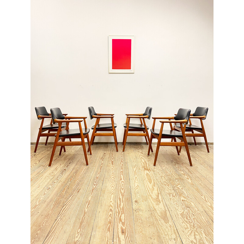 Set of 6 mid century teak and skai leather armchairs by Svend Åge Eriksen for Glostrup, Denmark 1950s