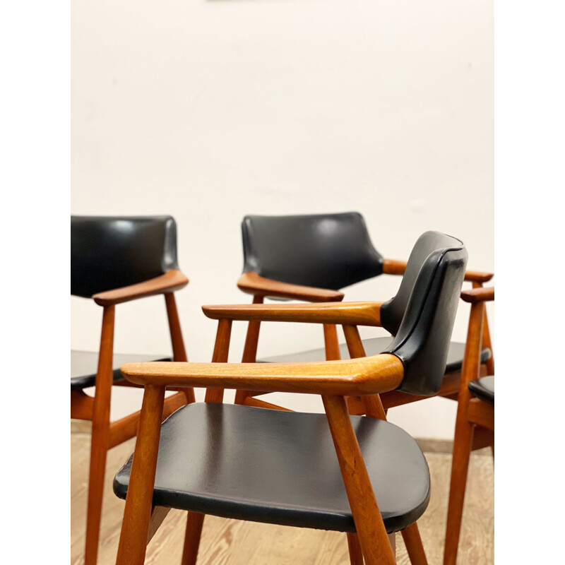 Set of 6 mid century teak and skai leather armchairs by Svend Åge Eriksen for Glostrup, Denmark 1950s