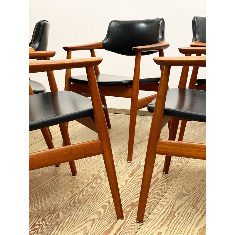 Set of 6 mid century teak and skai leather armchairs by Svend Åge Eriksen for Glostrup, Denmark 1950s