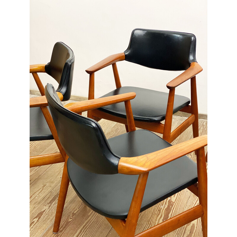 Set of 6 mid century teak and skai leather armchairs by Svend Åge Eriksen for Glostrup, Denmark 1950s