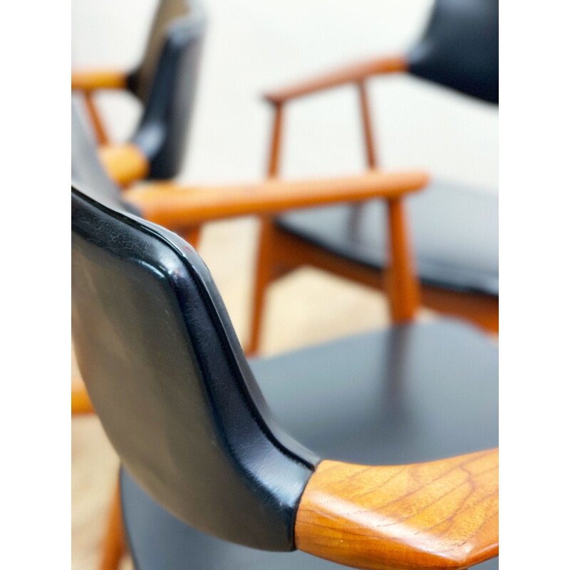 Set of 6 mid century teak and skai leather armchairs by Svend Åge Eriksen for Glostrup, Denmark 1950s