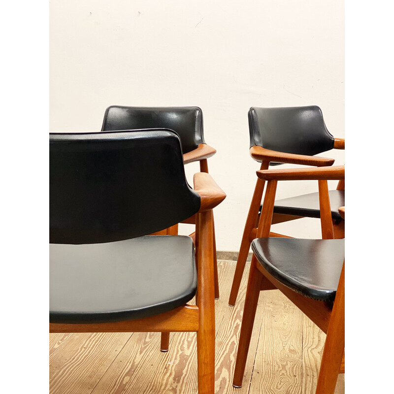 Set of 6 mid century teak and skai leather armchairs by Svend Åge Eriksen for Glostrup, Denmark 1950s