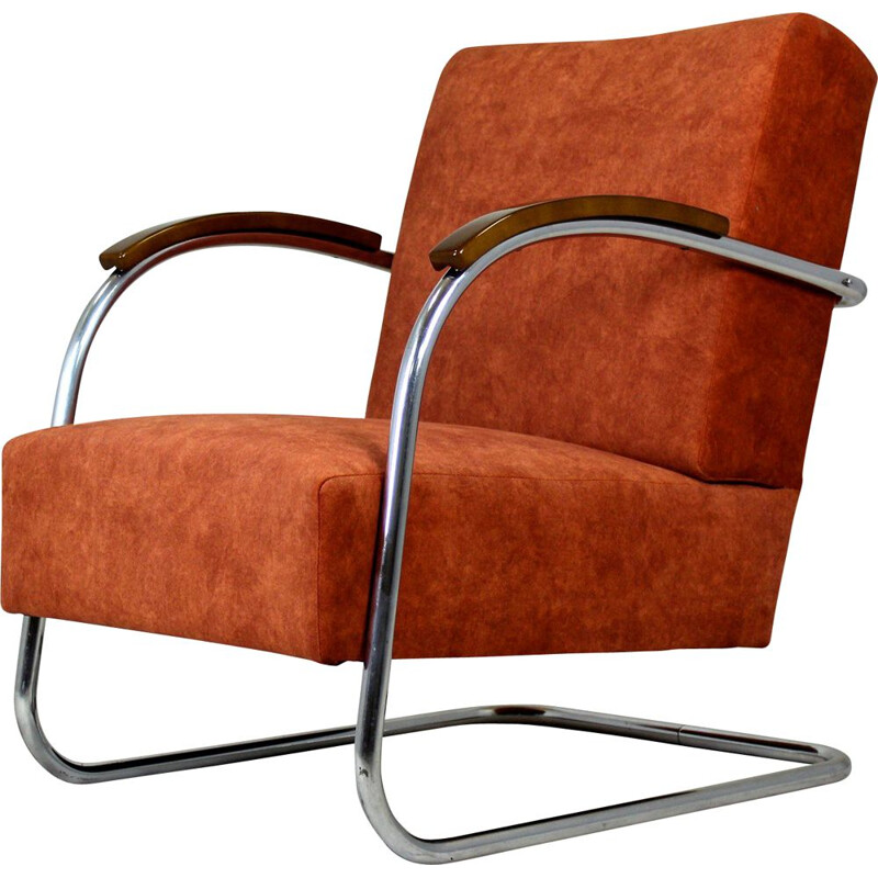 Bauhaus vintage chromed tubular steel armchair by Mücke Melder, Czechoslovakia 1930s