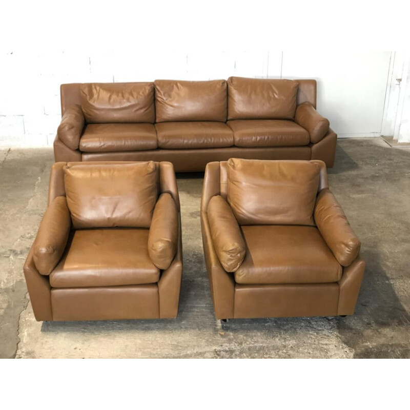 Vintage leather living room set by Edelhard Harlispour for Mobilier International, California 1955