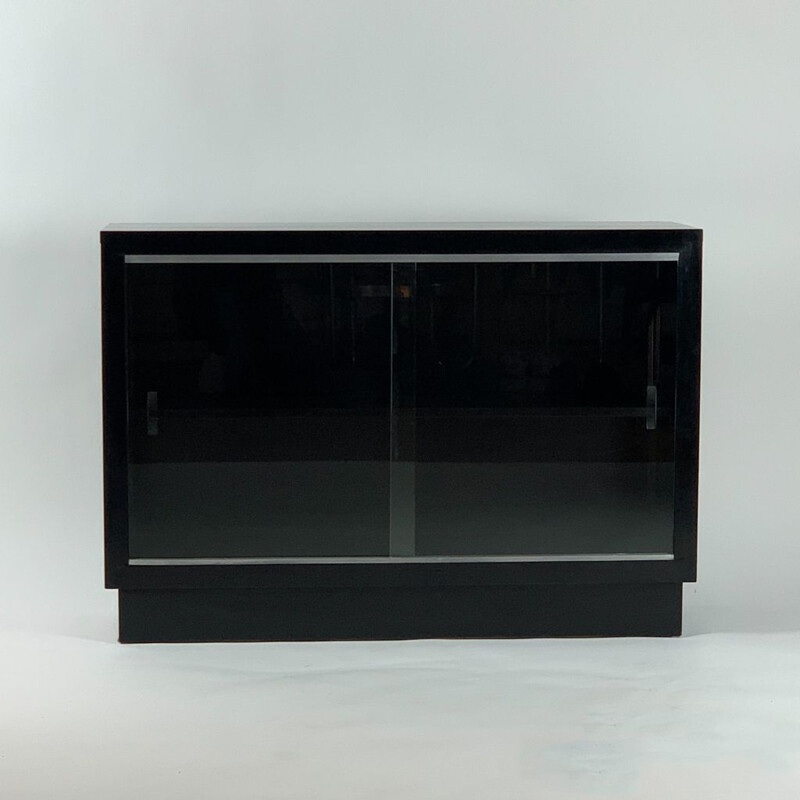 Vintage Bauhaus black wood display cabinet, 1940s