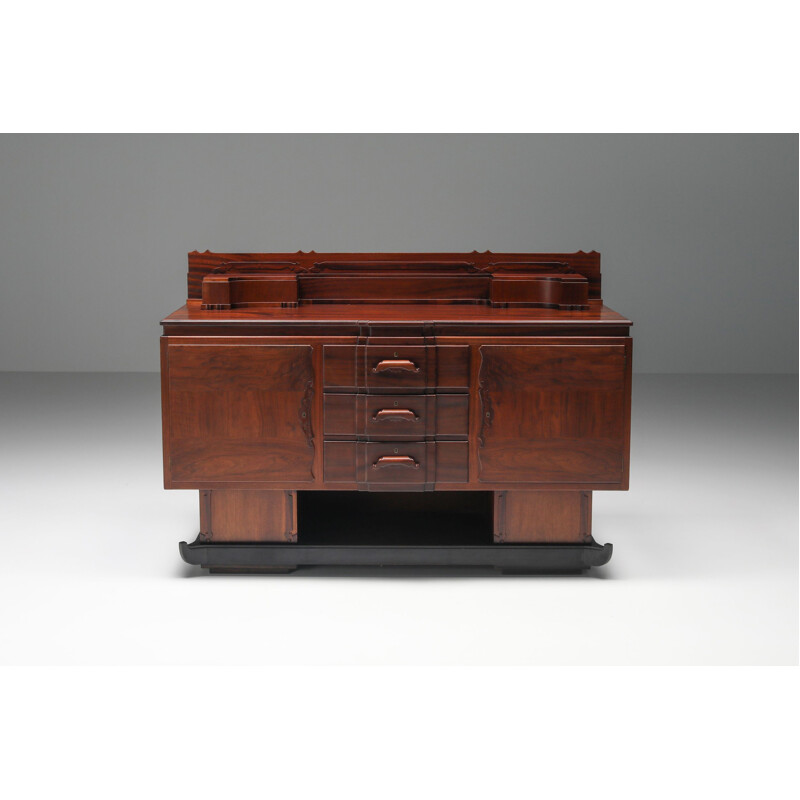 Walnut & mahogany vintage Amsterdam school credenza, 1920s