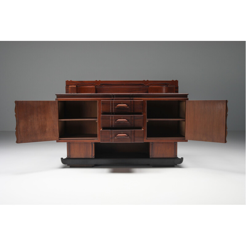 Walnut & mahogany vintage Amsterdam school credenza, 1920s