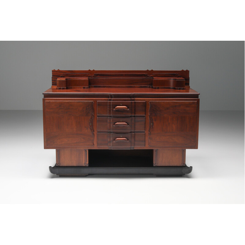 Walnut & mahogany vintage Amsterdam school credenza, 1920s