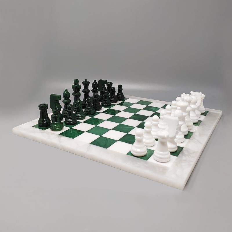 Vintage green and white chess set in volterra alabaster handmade, Italy 1970s