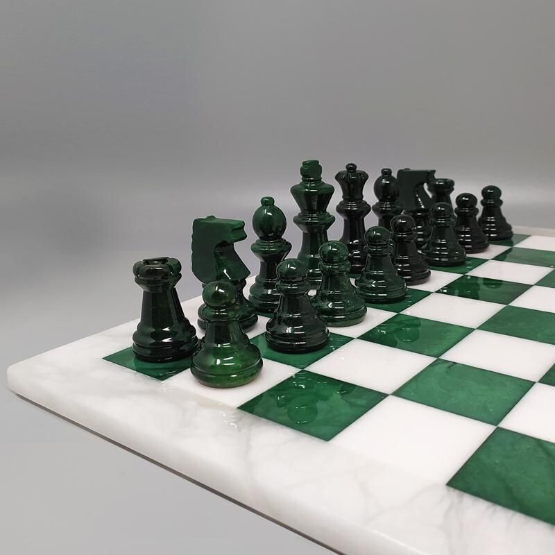 Vintage green and white chess set in volterra alabaster handmade, Italy 1970s