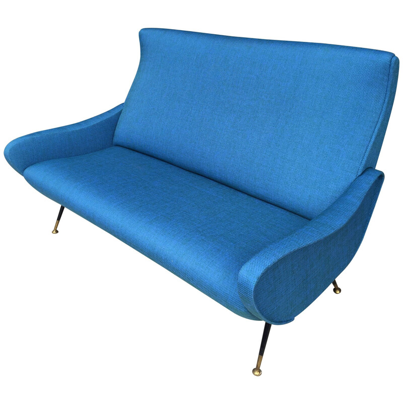 Blue Italian sofa in fabric and brass - 1950s