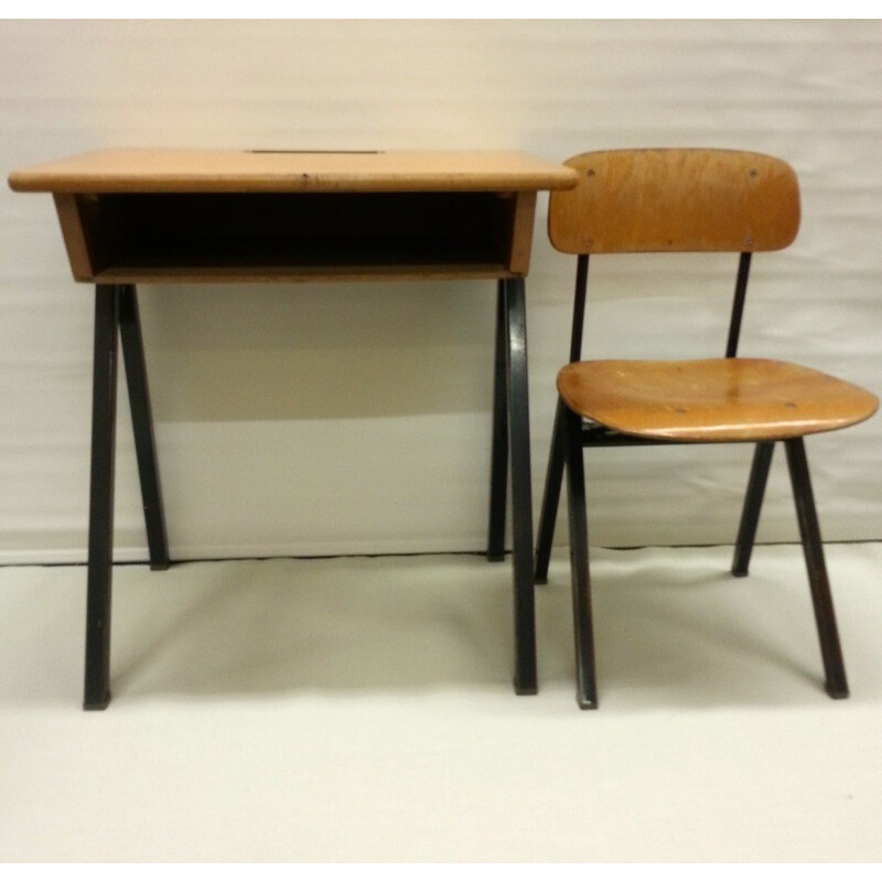 Set of Dutch school desk and chair in plywood - 1960s