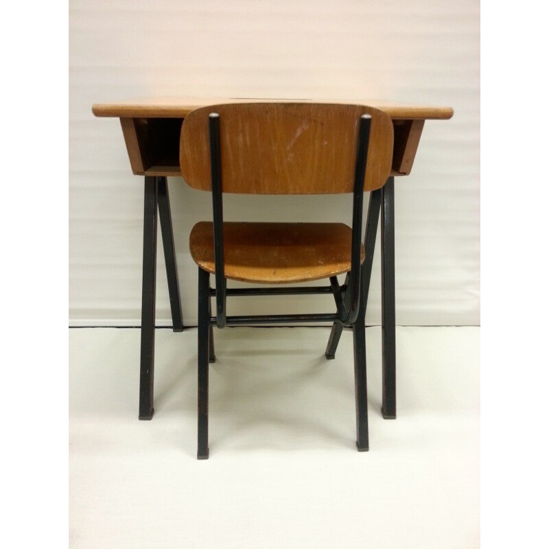 Set of Dutch school desk and chair in plywood - 1960s