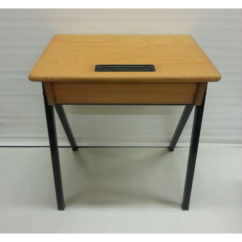 Set of Dutch school desk and chair in plywood - 1960s