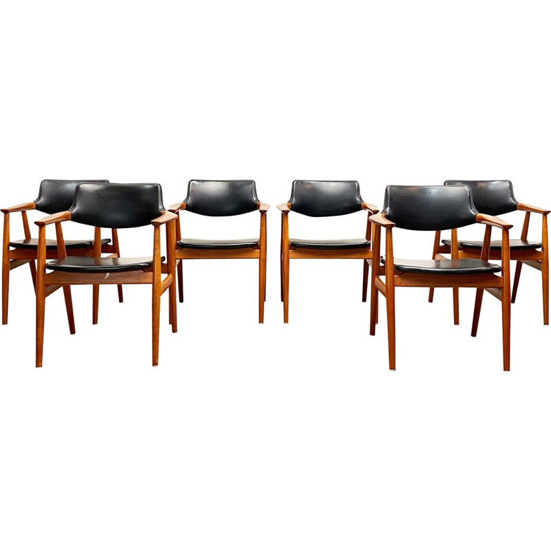 Set of 6 mid century teak and skai leather armchairs by Svend Åge Eriksen for Glostrup, Denmark 1950s