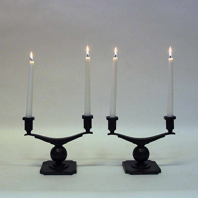Swedish vintage rustic pair of bronze candlesticks by Sune Bäckström, 1930s