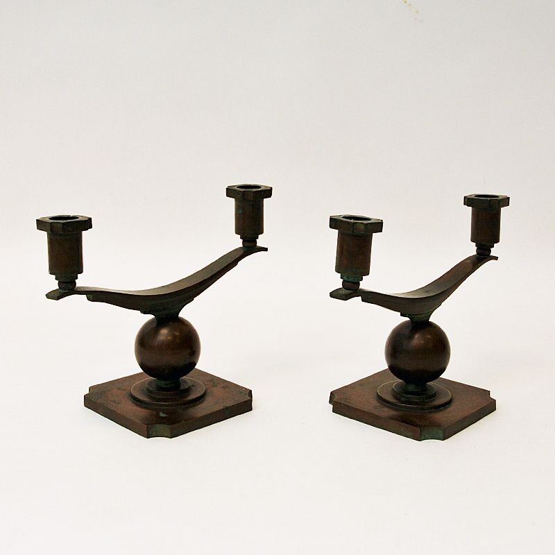 Swedish vintage rustic pair of bronze candlesticks by Sune Bäckström, 1930s