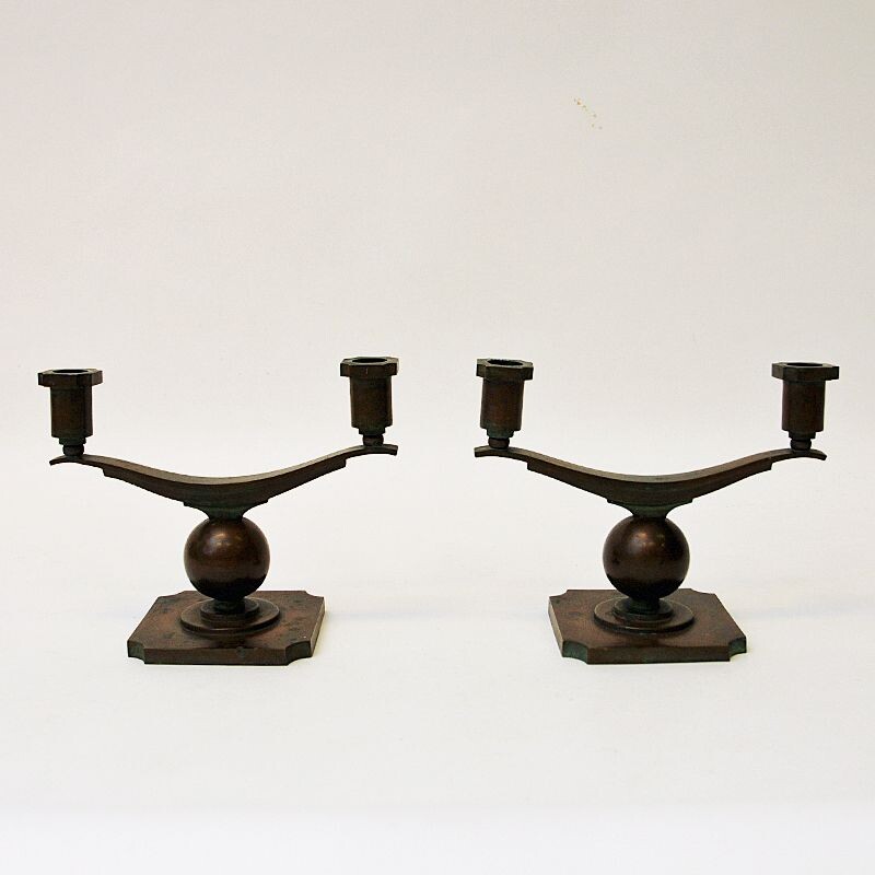 Paire de bougeoirs suédois rustiques vintage en bronze par Sune Bäckström, 1930