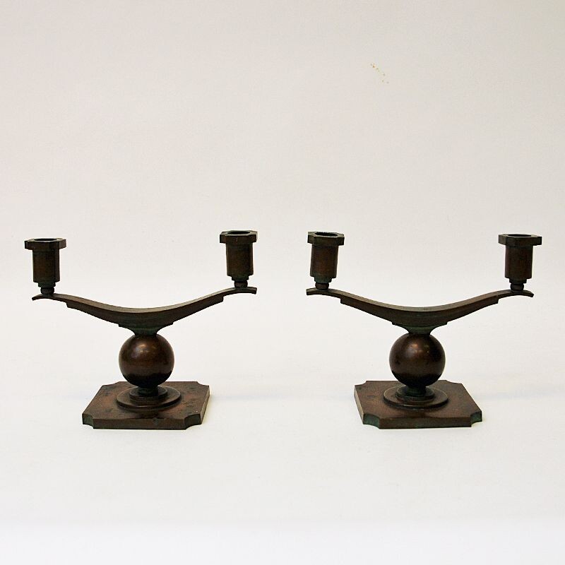 Swedish vintage rustic pair of bronze candlesticks by Sune Bäckström, 1930s