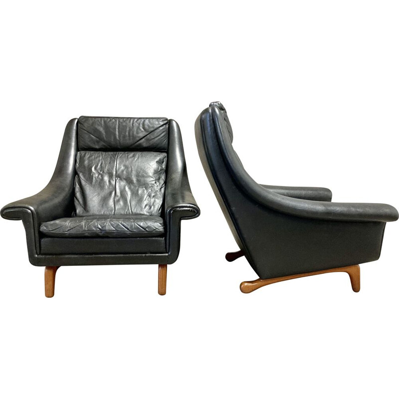 Paire de fauteuils scandinave vintage en cuir noir, 1950