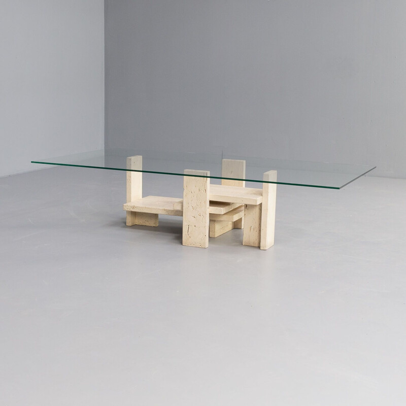 Vintage sculptural coffee table in travertine by Willy Ballez, Belgium 1970s