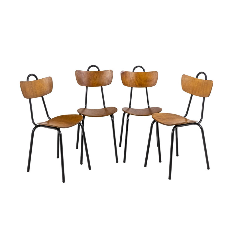 Set van 4 vintage houten en metalen stoelen, 1950