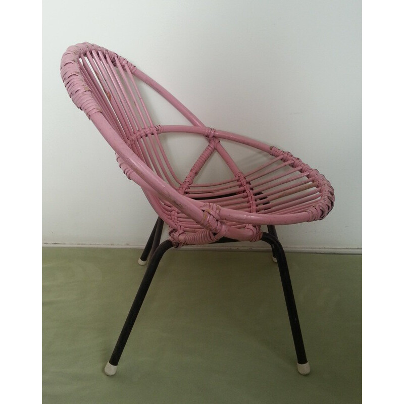Petite chaise vintage Rohé Noordwolde en rotin rose - 1960