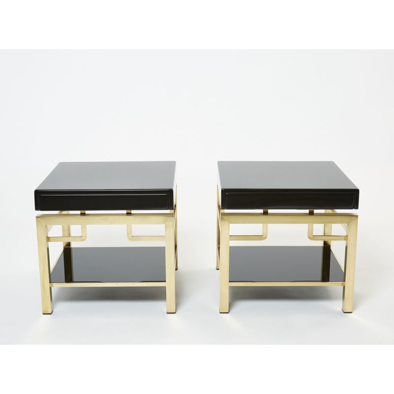 Paire de tables d'appoint vintage en laque noir et laiton de Guy Lefevre pour la Maison Jansen, 1970