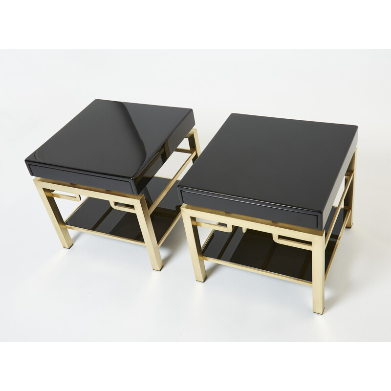 Pair of vintage side tables in black lacquer and brass by Guy Lefevre for Maison Jansen, 1970