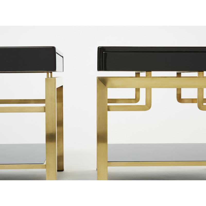 Pair of vintage side tables in black lacquer and brass by Guy Lefevre for Maison Jansen, 1970