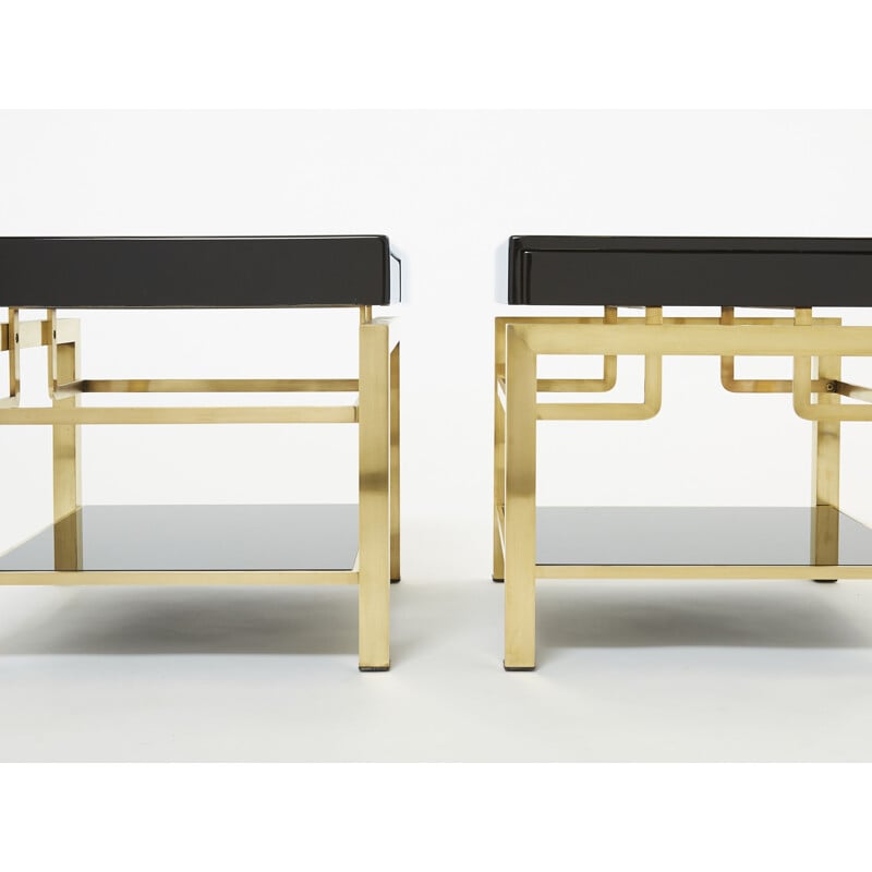 Paire de tables d'appoint vintage en laque noir et laiton de Guy Lefevre pour la Maison Jansen, 1970