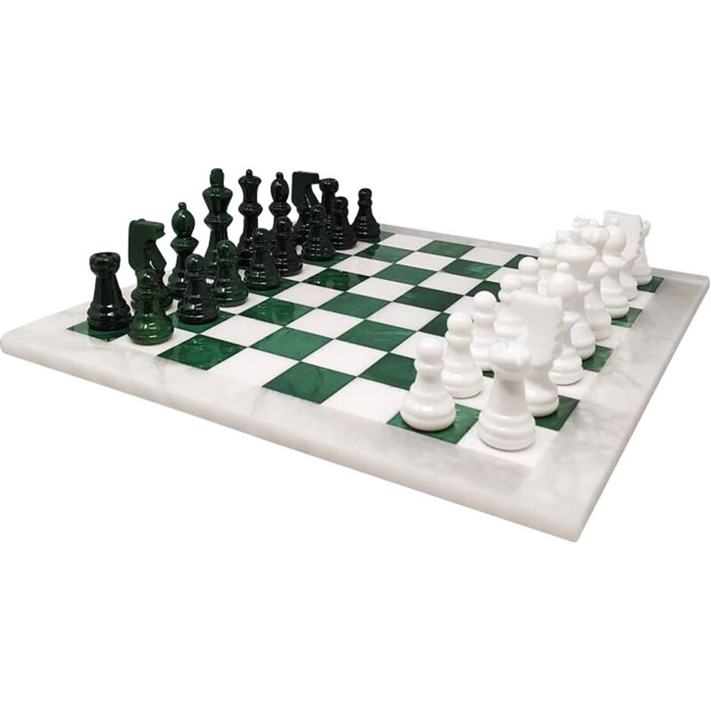 Jeu d'échecs vintage vert et blanc en albâtre de Volterra fait à la main, Italie 1970