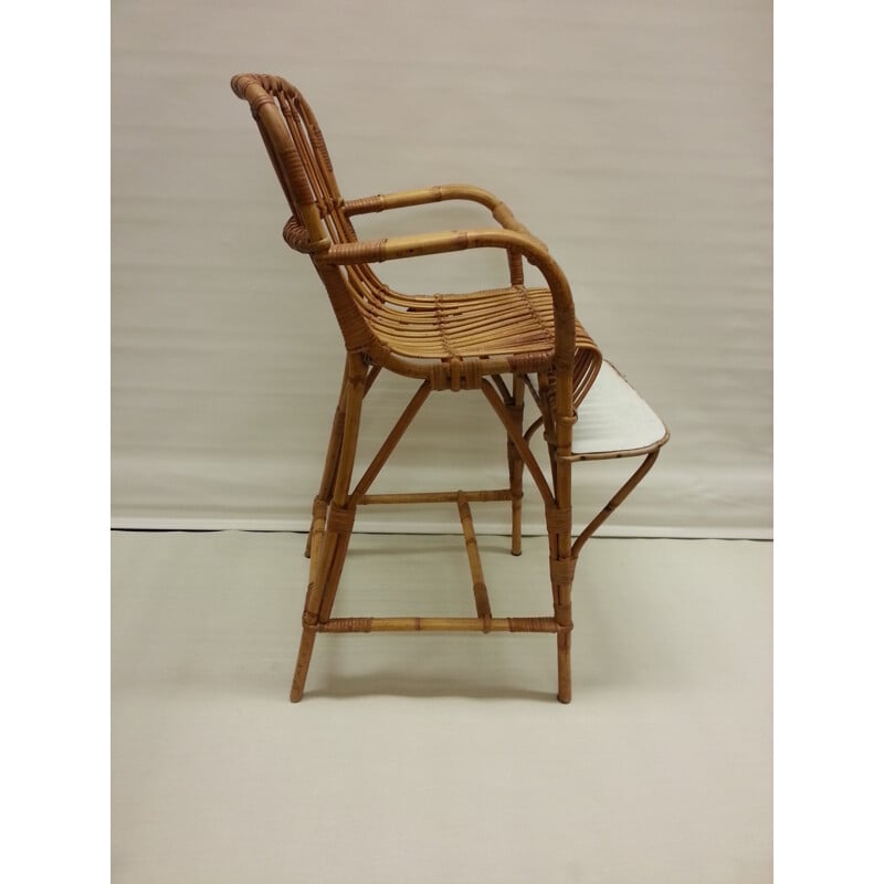 Chaise haute pour bébé en rotin et bois - 1950