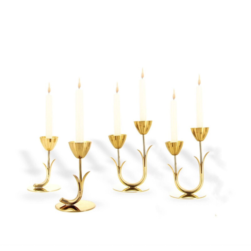 Set of 3 vintage solid brass candelabras by Gunnar Ander, Sweden 1960s