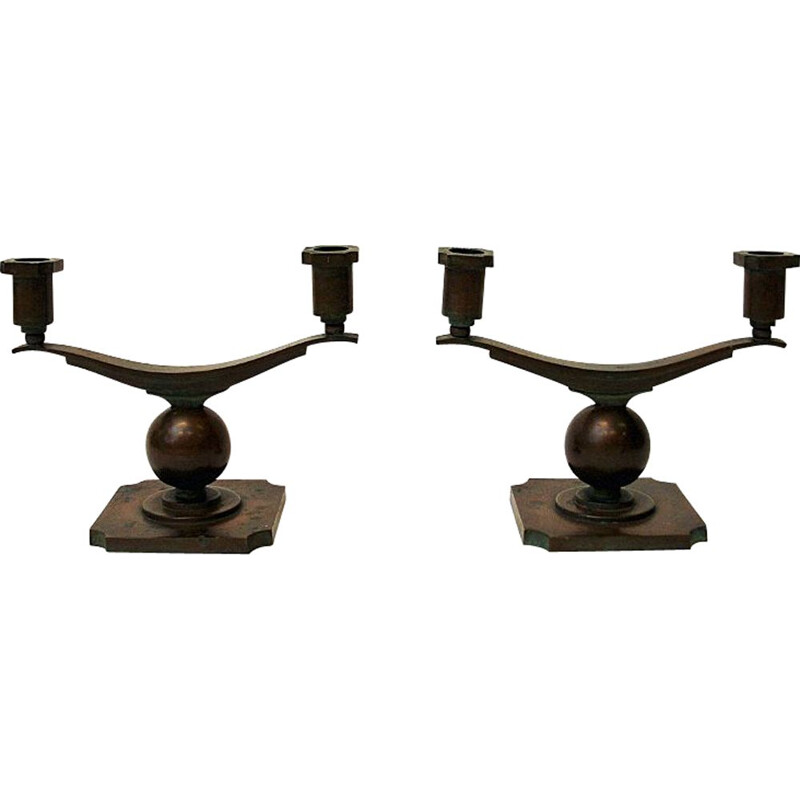 Swedish vintage rustic pair of bronze candlesticks by Sune Bäckström, 1930s