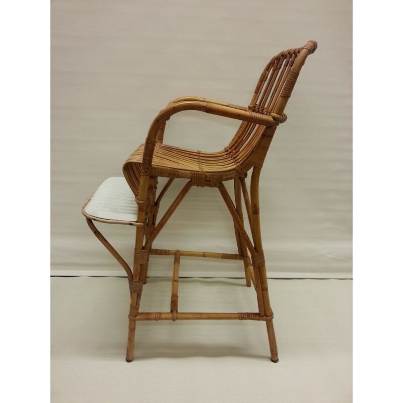 Chaise haute pour bébé en rotin et bois - 1950