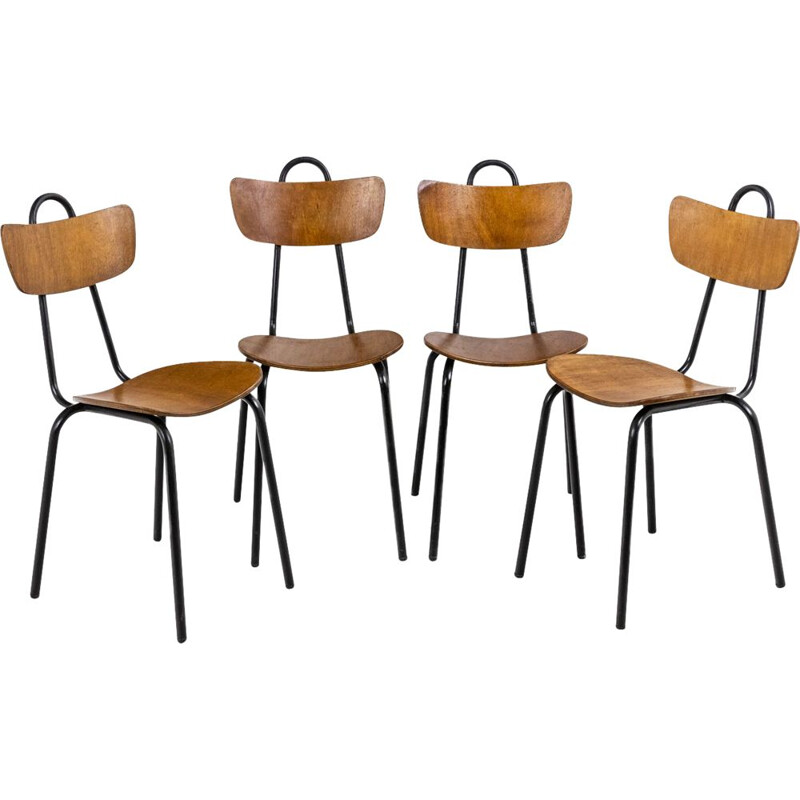 Conjunto de 4 cadeiras de madeira e metal vintage, 1950