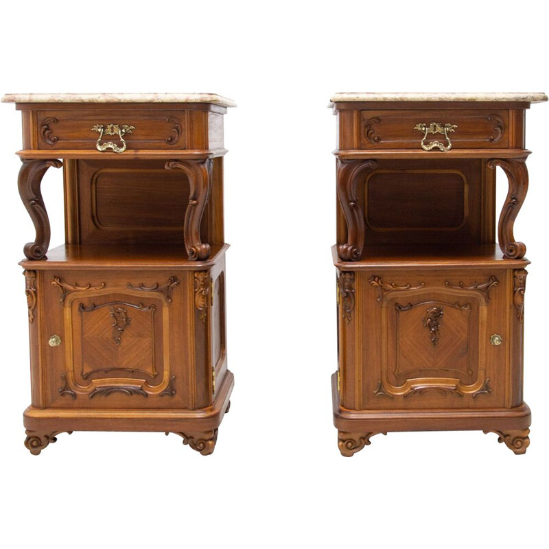 Pair of vintage historicist beech wood night stands, Austria 1910