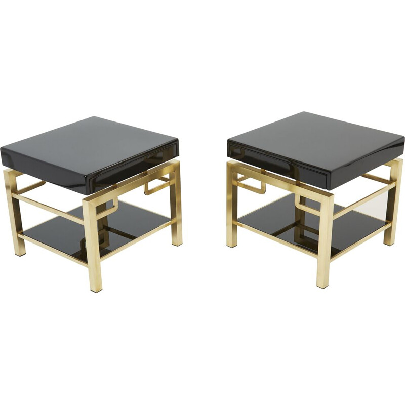 Pair of vintage side tables in black lacquer and brass by Guy Lefevre for Maison Jansen, 1970