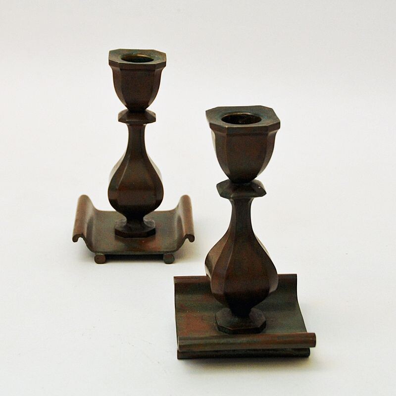 Pair of vintage rustic bronze candle holders by Sune Bäckström, Sweden 1930