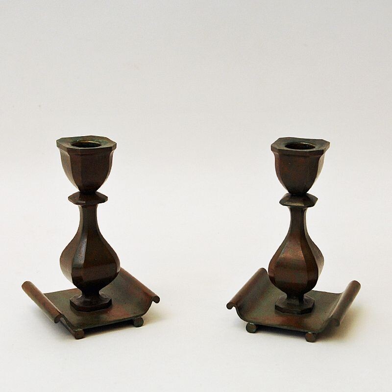 Pair of vintage rustic bronze candle holders by Sune Bäckström, Sweden 1930