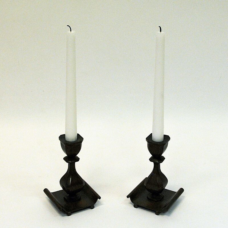 Pair of vintage rustic bronze candle holders by Sune Bäckström, Sweden 1930