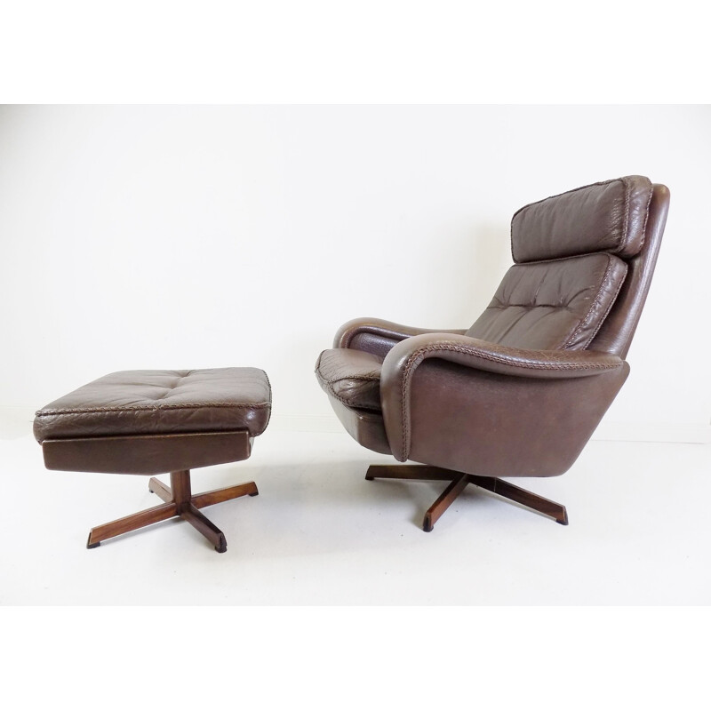 Vintage lederen fauteuil met voetenbankje van Madsen
