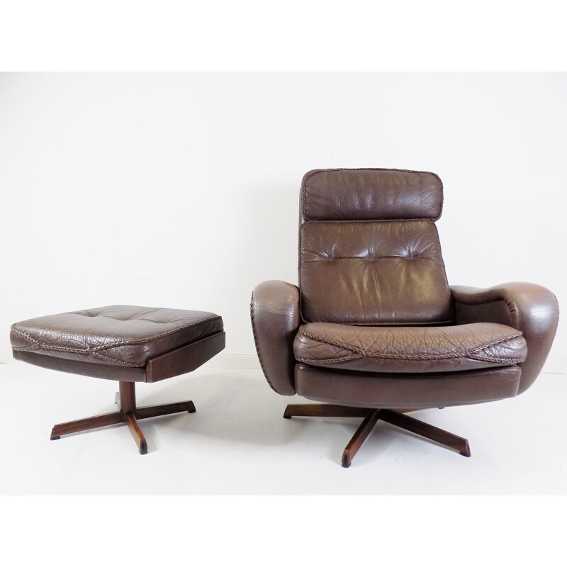 Vintage lederen fauteuil met voetenbankje van Madsen