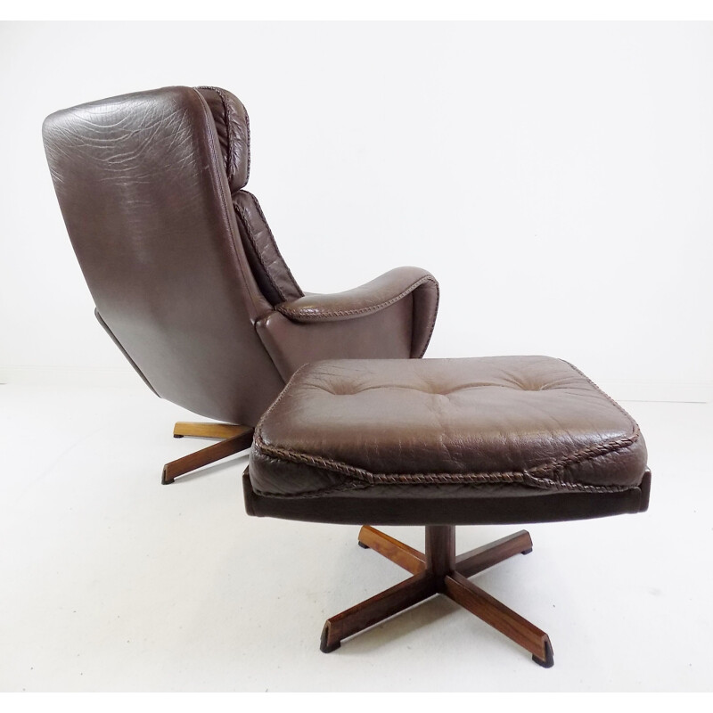 Vintage lederen fauteuil met voetenbankje van Madsen