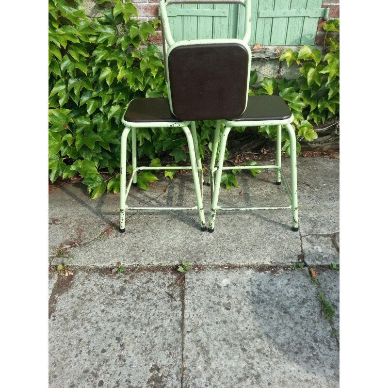 Set of 3 industrial French high stools in iron and leather - 1960s